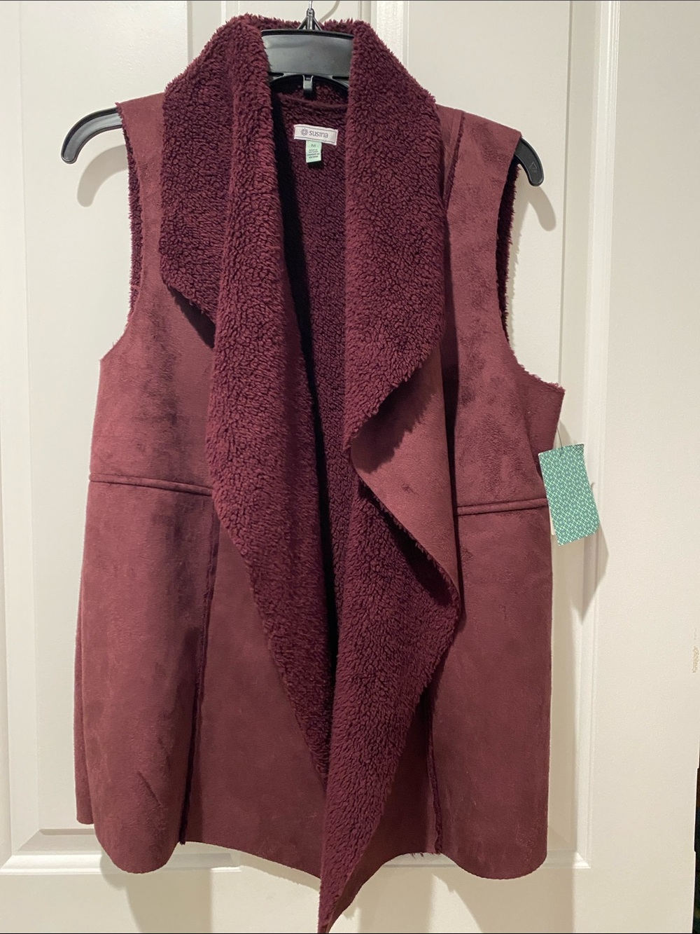 Susina Wine Faux-Shearling Open Front Vest